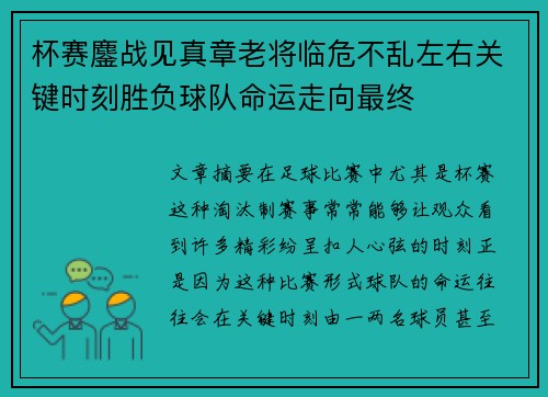 杯赛鏖战见真章老将临危不乱左右关键时刻胜负球队命运走向最终 杯赛鏖战见真章老将临危不乱左右关键时刻胜负球队命运走向最终