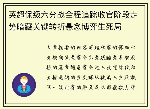 英超保级六分战全程追踪收官阶段走势暗藏关键转折悬念博弈生死局 英超保级六分战全程追踪收官阶段走势暗藏关键转折悬念博弈生死局